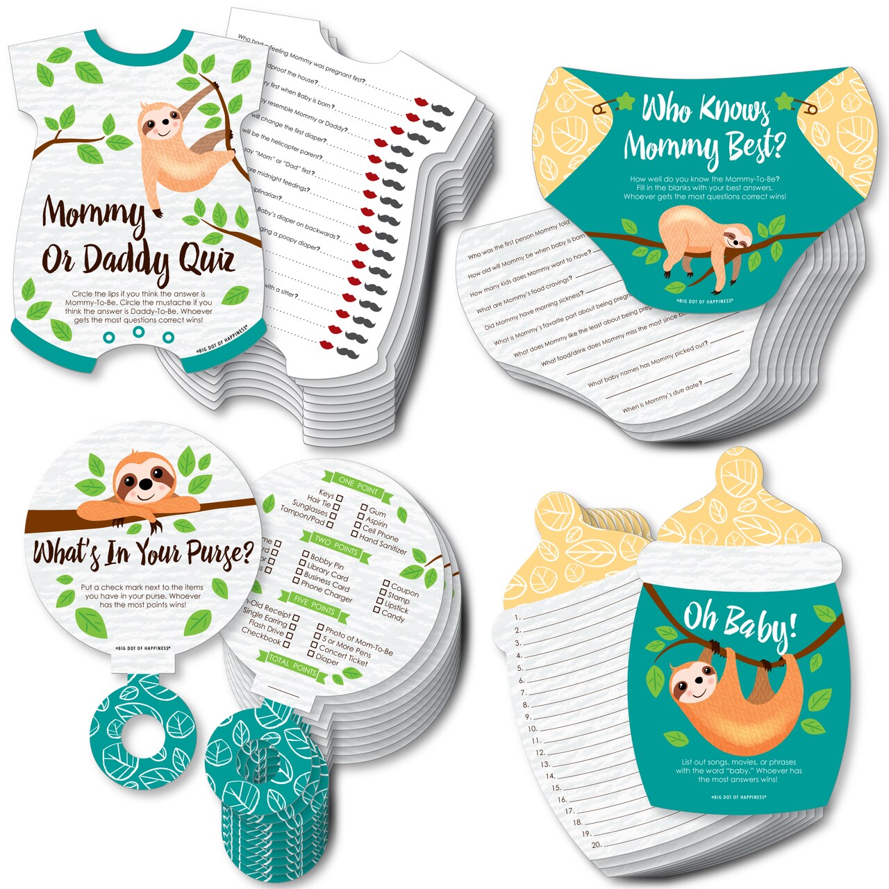 Big Dot of Happiness Let’s Hang - Sloth - 4 Baby Shower Games - 10 Cards Each - Gamerific Bundle